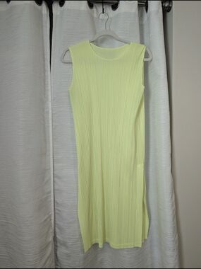 Issey Miyake Sleeveless Pleated Midi Dress in Pale Lime